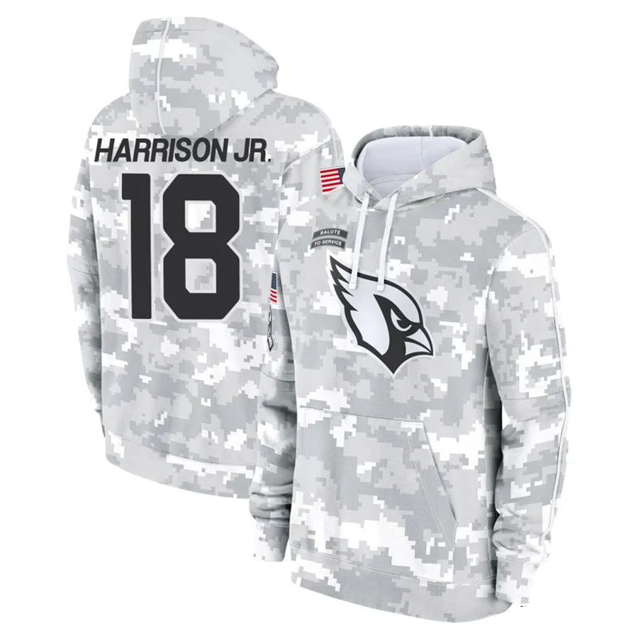 Kieara A.Cardinals #18 Marvin Harrison Jr. Player Camo Salute to Service Hoodies Stitched Jerseys
