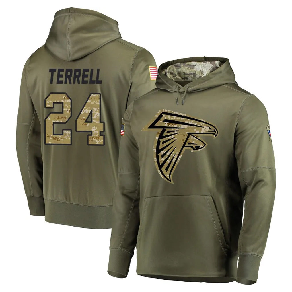Kieara A.Falcons #24 A.J. Terrell Jr. Player Olive Salute to Service Club Fleece Hoodie Stitched Jerseys