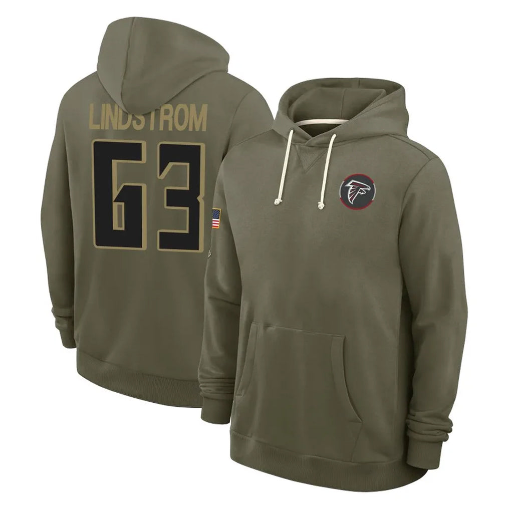 Kieara A.Falcons #63 Chris Lindstrom Player Olive 2025 Salute to Service Hoodies Stitched Jerseys