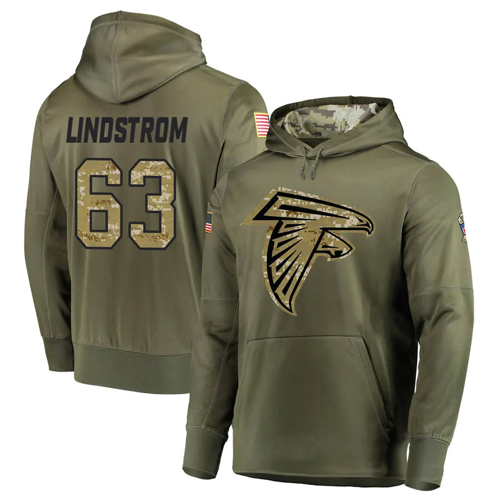 Kieara A.Falcons #63 Chris Lindstrom Player Olive Salute to Service Club Fleece Hoodie Stitched Jerseys