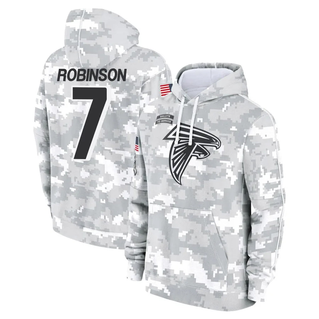 Kieara A.Falcons #7 Bijan Robinson Player Camo Arctic Salute to Service Hoodies Limited Stitched Jerseys