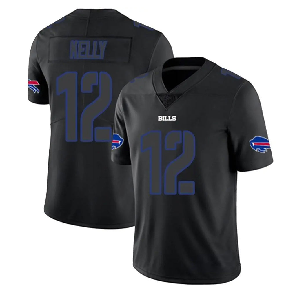 Kieara B.Bills #12 Jim Kelly Player Black Impact Limited Game Stitched Jerseys