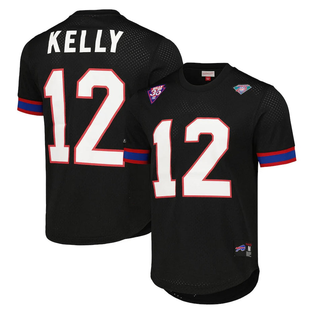 Kieara B.Bills #12 Jim Kelly Player Black Mitchell & Ness Replica Mesh Limited Stitched Jerseys