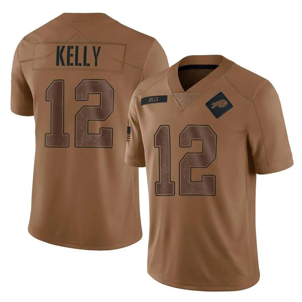 Kieara B.Bills #12 Jim Kelly Player Brown Salute To Service Limited Stitched Jerseys
