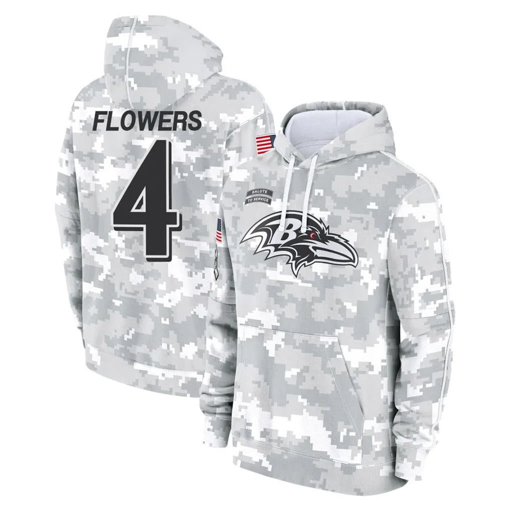 Kieara B.Ravens #4 Zay Flowers Player Arctic Camo Salute to Service Pullover Hoodie Stitched Jerseys