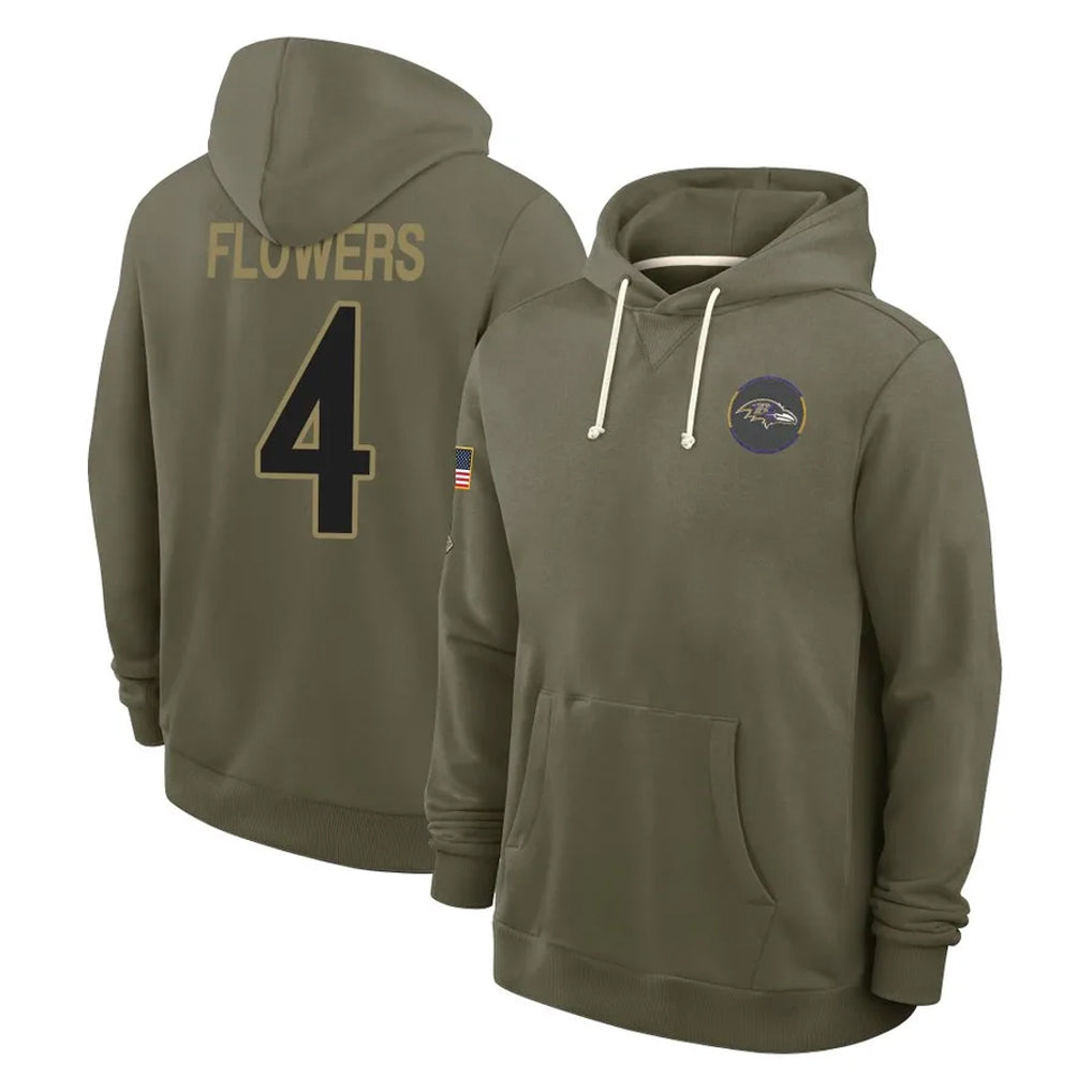 Kieara B.Ravens #4 Zay Flowers Player Olive Salute to Service Hoodie Stitched Jerseys