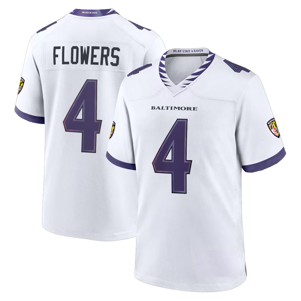 Kieara B.Ravens #4 Zay Flowers Player White Home Game Stitched Jerseys