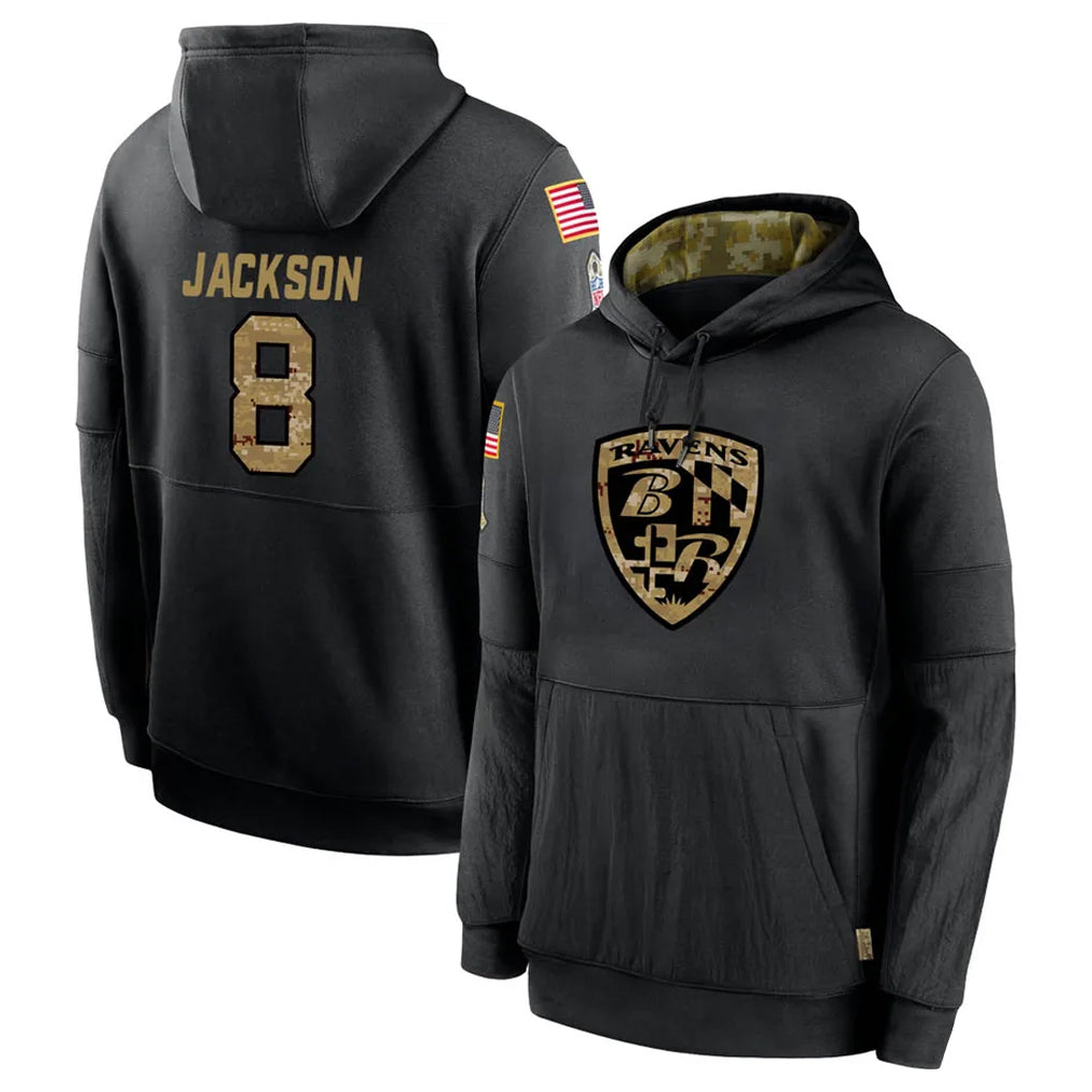 Kieara B.Ravens #8 Lamar Jackson Player Black Salute to Service Pullover Hoodie Stitched Jerseys