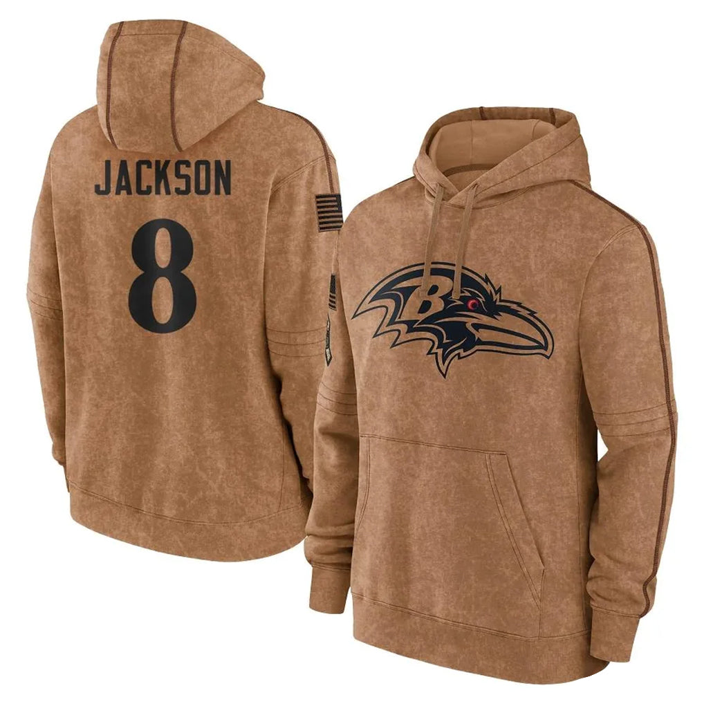 Kieara B.Ravens #8 Lamar Jackson Player Brown Salute to Service Pullover Hoodie Stitched Jerseys