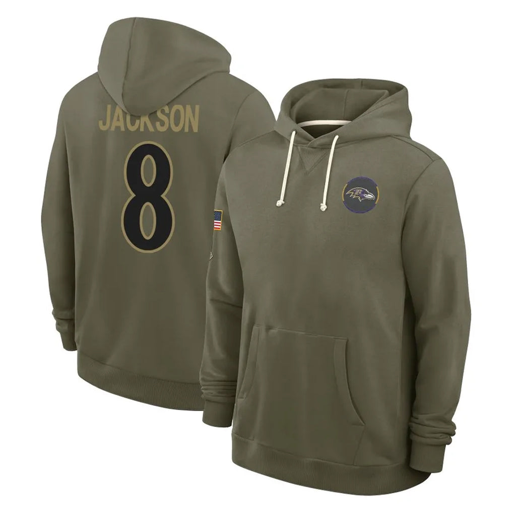 Kieara B.Ravens #8 Lamar Jackson Player Olive Salute to Service Hoodie Stitched Jerseys