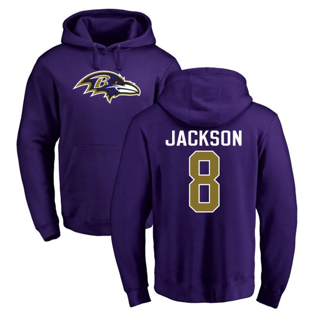 Kieara B.Ravens #8 Lamar Jackson Player Purple Salute to Service Pullover Hoodie Stitched Jerseys