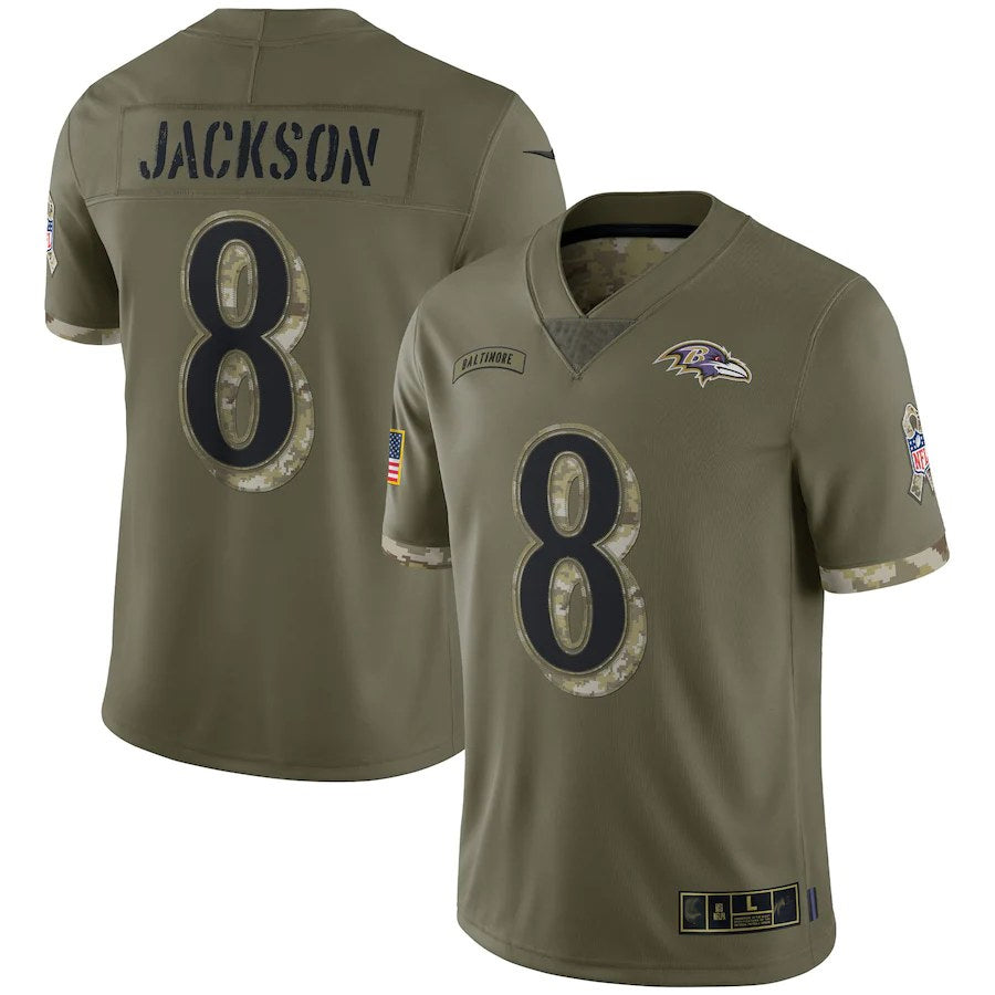 Kieara B.Ravens #8 Lamar Jackson Player Olive Salute To Service Stitched Jerseys