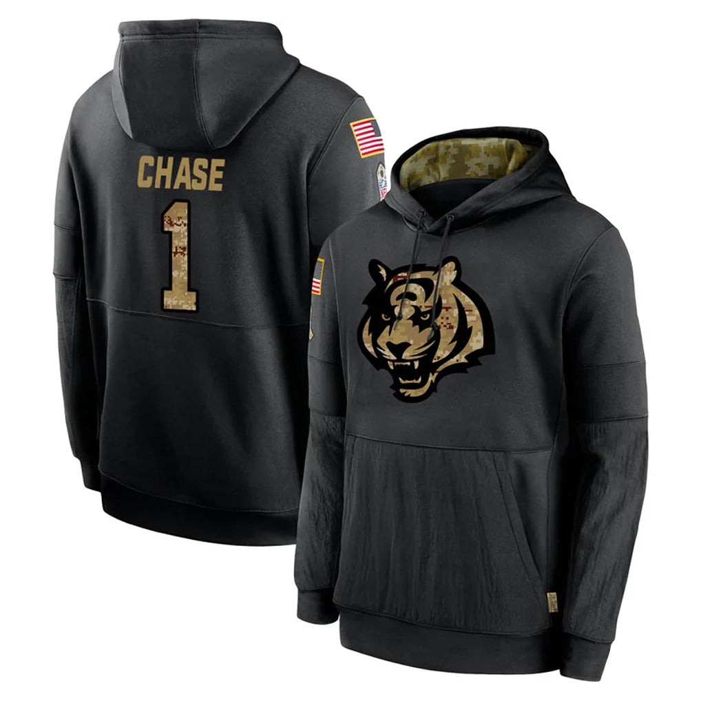 Kieara C.Bengals #1 Ja'Marr Chase Player Black Salute to Service Pullover Hoodies Limited Stitched Jerseys