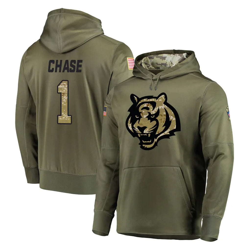 Kieara C.Bengals #1 Ja'Marr Chase Player Olive Salute to Service Pullover Hoodies Home Game Stitched Jerseys