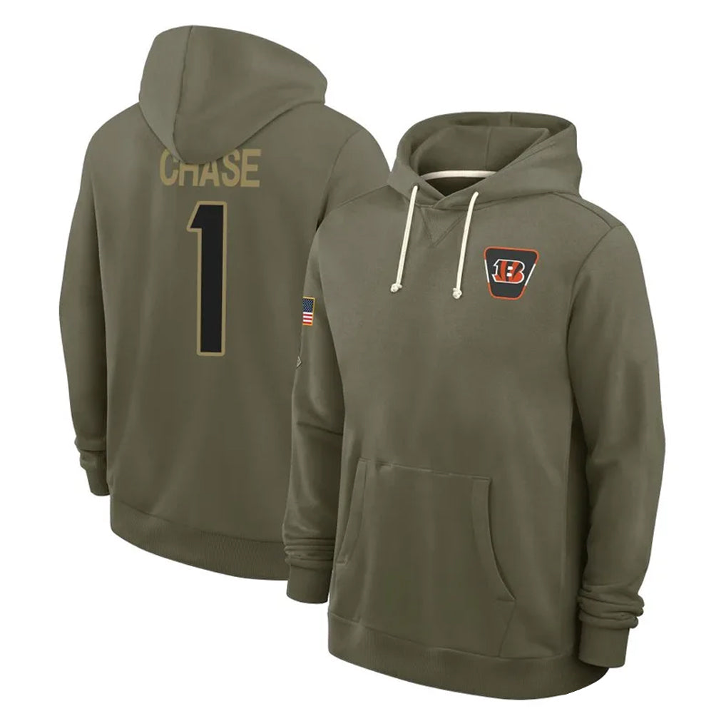 Kieara C.Bengals #1 Ja'Marr Chase Player Olive Salute to Service Pullover Hoodies Limited Stitched Jerseys