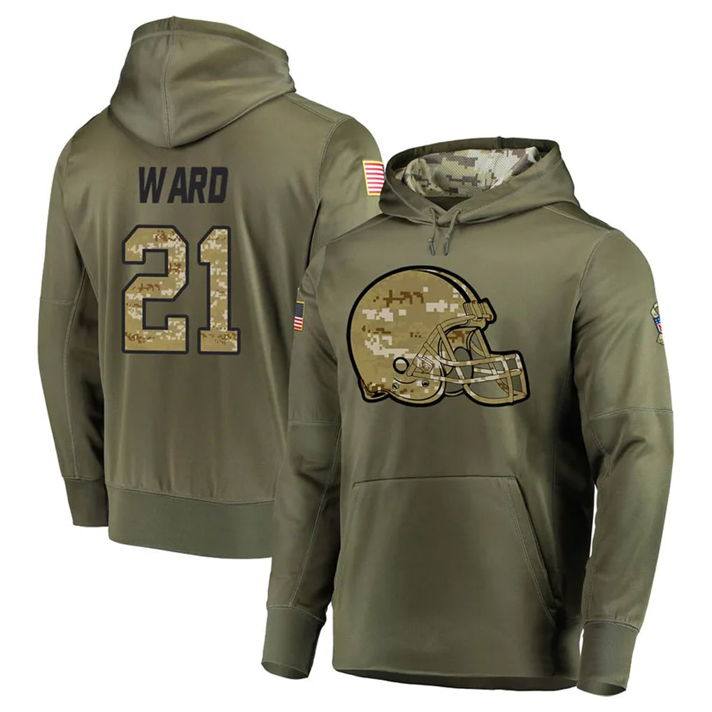 Kieara C.Browns #21 Denzel Ward Player Olive Salute to Service Pullover Hoodies Home Game Stitched Jerseys