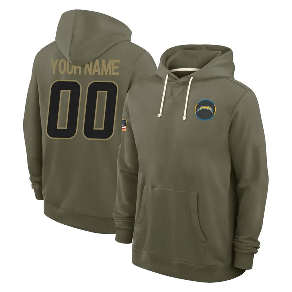 Kieara Custom LA.Chargers Olive Salute to Service Pullover Hoodies Limited Any Name & Numbers Stitched Jerseys