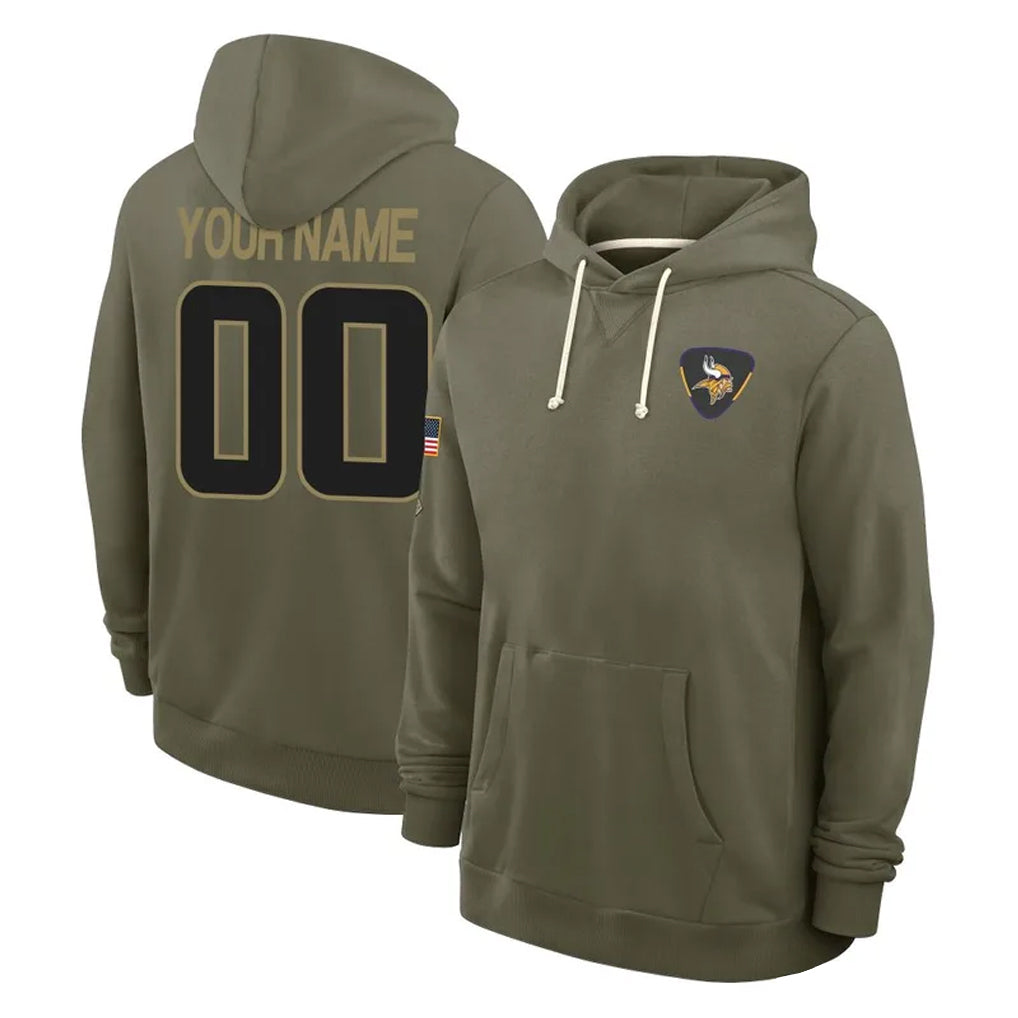 Kieara Custom MN.Vikings Olive Salute to Service Pullover Hoodies Limited Any Name & Numbers Stitched Jerseys