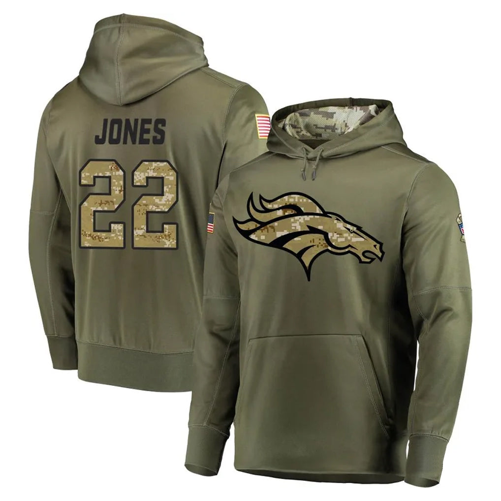 Kieara D.Broncos #22 Brandon Jones Player Olive Salute to Service Pullover Hoodies Home Game Stitched Jerseys