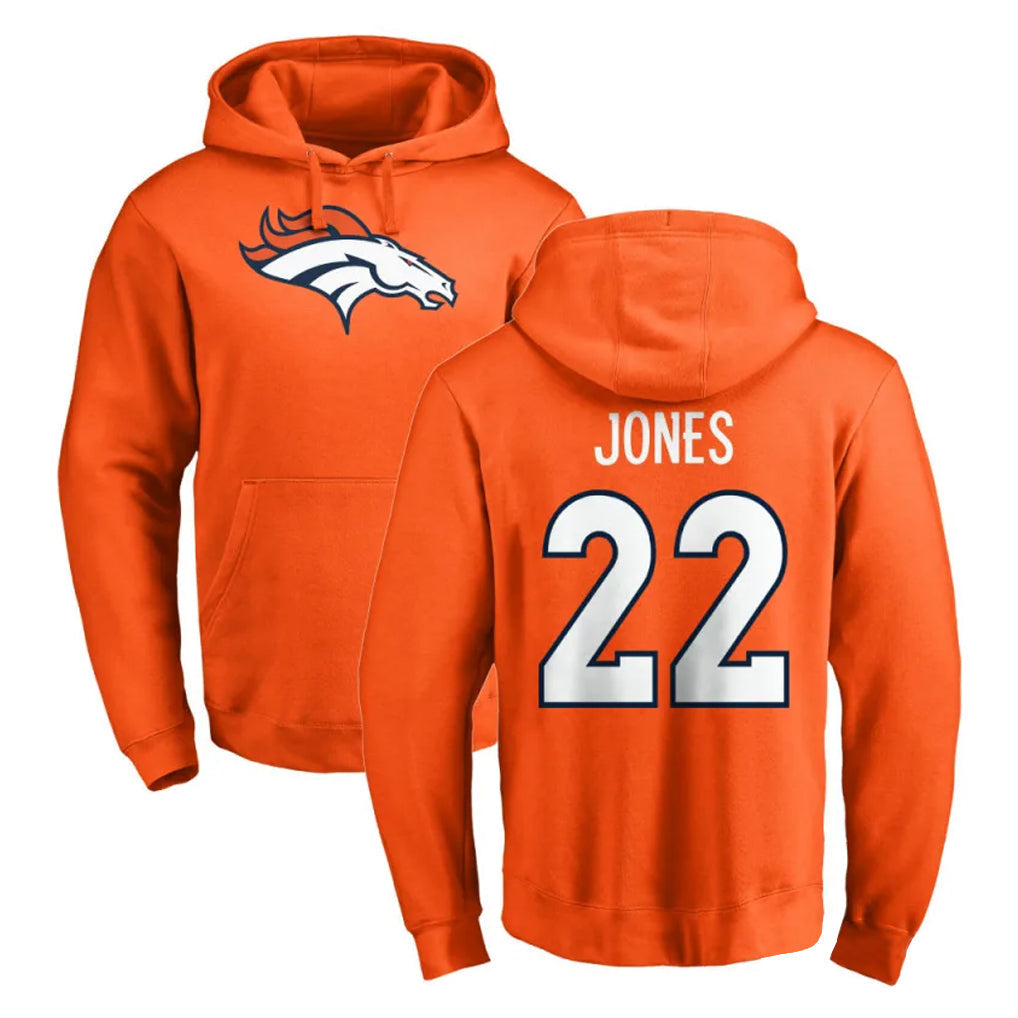 Kieara D.Broncos #22 Brandon Jones Player Orange Pullover Hoodie Limited Stitched Jerseys