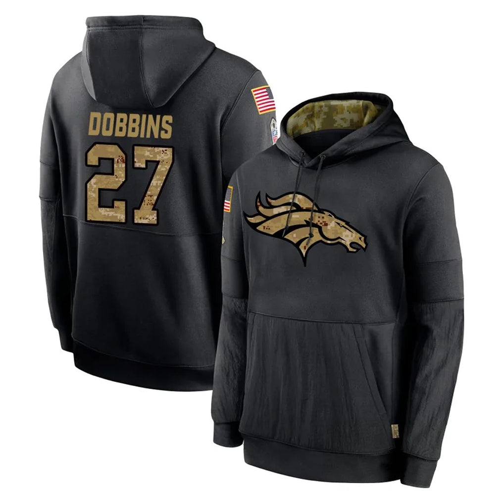 Kieara D.Broncos #27 J.K. Dobbins Player Black Salute to Service Pullover Hoodies Limited Stitched Jerseys