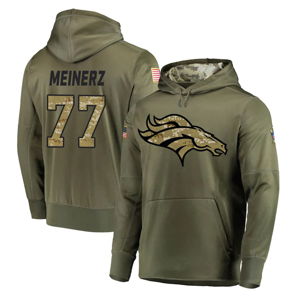 Kieara D.Broncos #77 Quinn Meinerz Player Olive Salute to Service Pullover Hoodies Home Game Stitched Jerseys