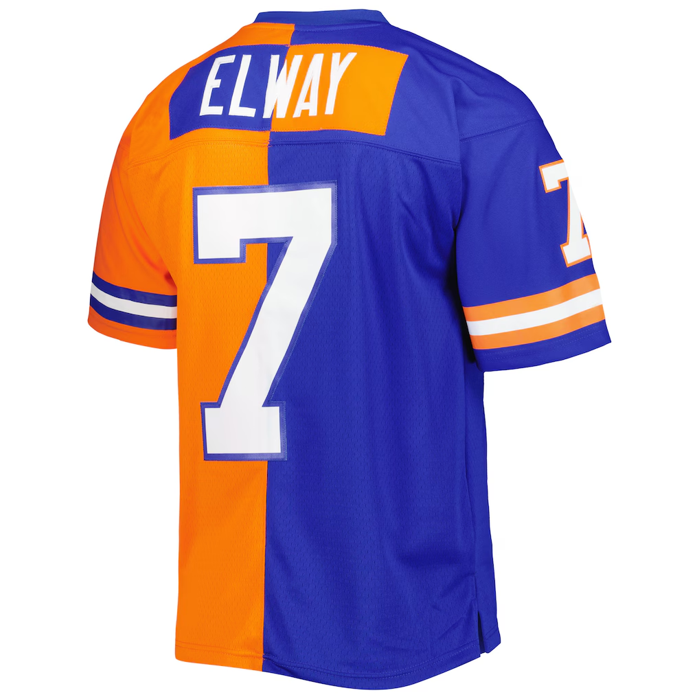 Kieara D.Broncos #7 John Elway Mitchell & Ness RoyalOrange 1990 Split Legacy Replica Stitched Puhic Jersey
