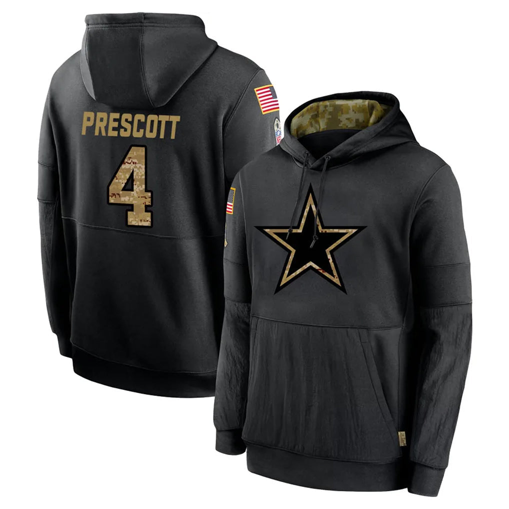 Kieara D.Cowboys #4 Dak Prescott Player Black Salute to Service Pullover Hoodies Limited Stitched Jerseys