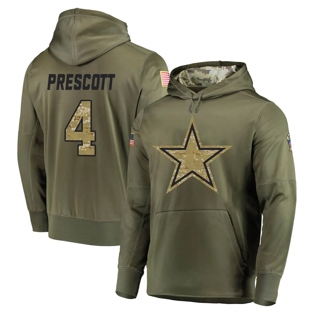 Kieara D.Cowboys #4 Dak Prescott Player Olive Salute to Service Pullover Hoodies Home Game Stitched Jerseys