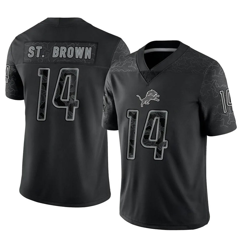 Kieara D.Lions #14 Amon-Ra St. Brown Player Black REFLECTIVE Limited Stitched Jerseys