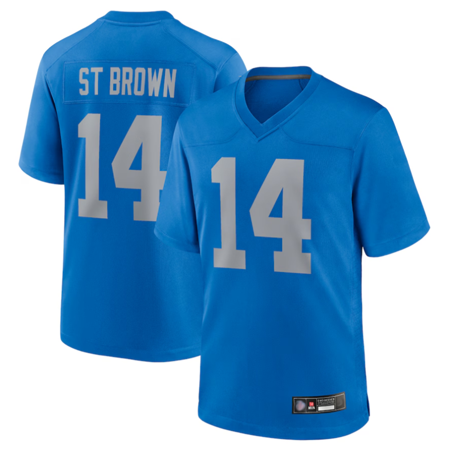 Kieara D.Lions #14 Amon-Ra St. Brown Player Blue Game Replica Stitched Jerseys