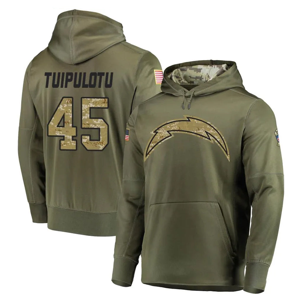 Kieara LA.Chargers #45 Tuli Tuipulotu Player Olive Salute to Service Pullover Hoodies Home Game Stitched Jerseys