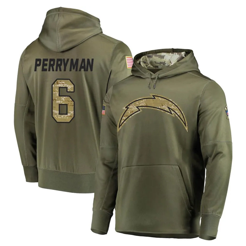 Kieara LA.Chargers #6 Denzel Perryman Player Olive Salute to Service Pullover Hoodies Home Game Stitched Jerseys