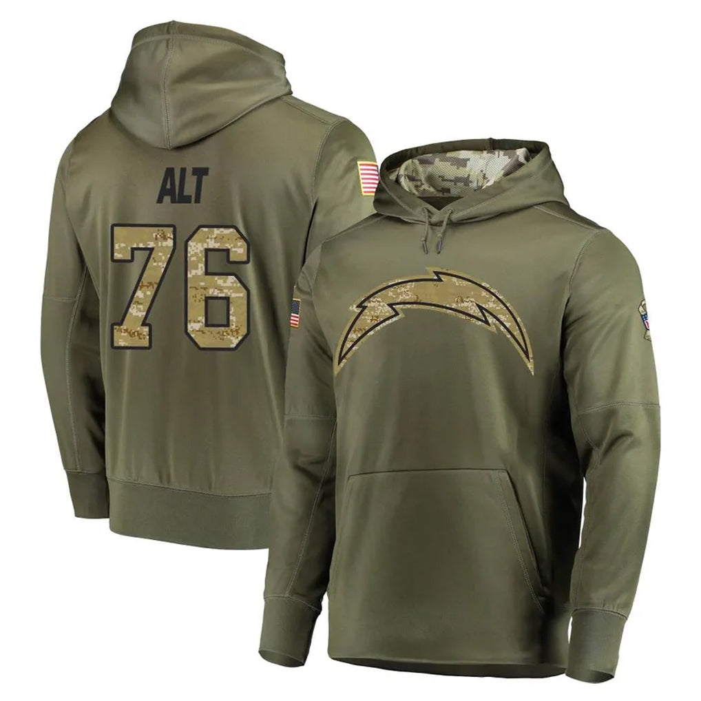 Kieara LA.Chargers #76 Joe Alt Player Olive Salute to Service Pullover Hoodies Home Game Stitched Jerseys