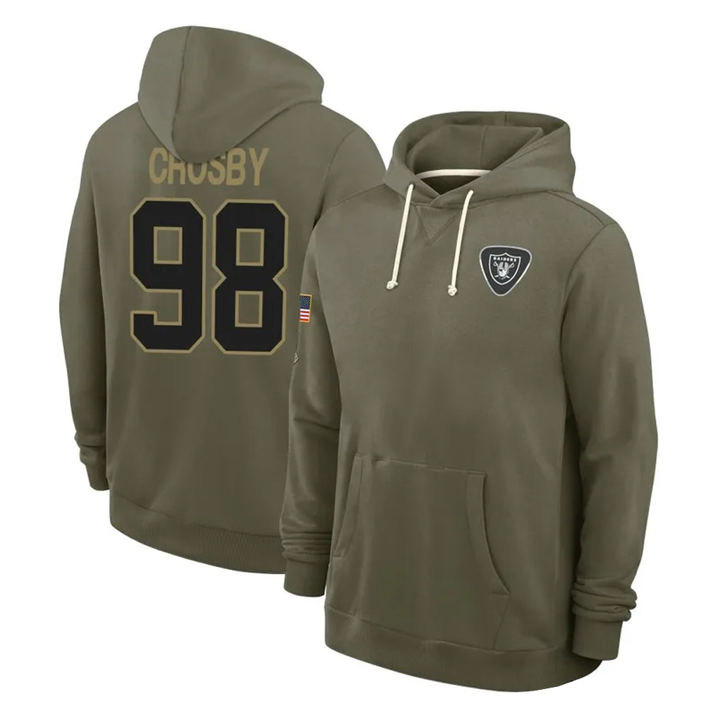 Kieara LV.Raiders #98 Maxx Crosby Player Olive Salute to Service Pullover Hoodies Limited Stitched Jerseys