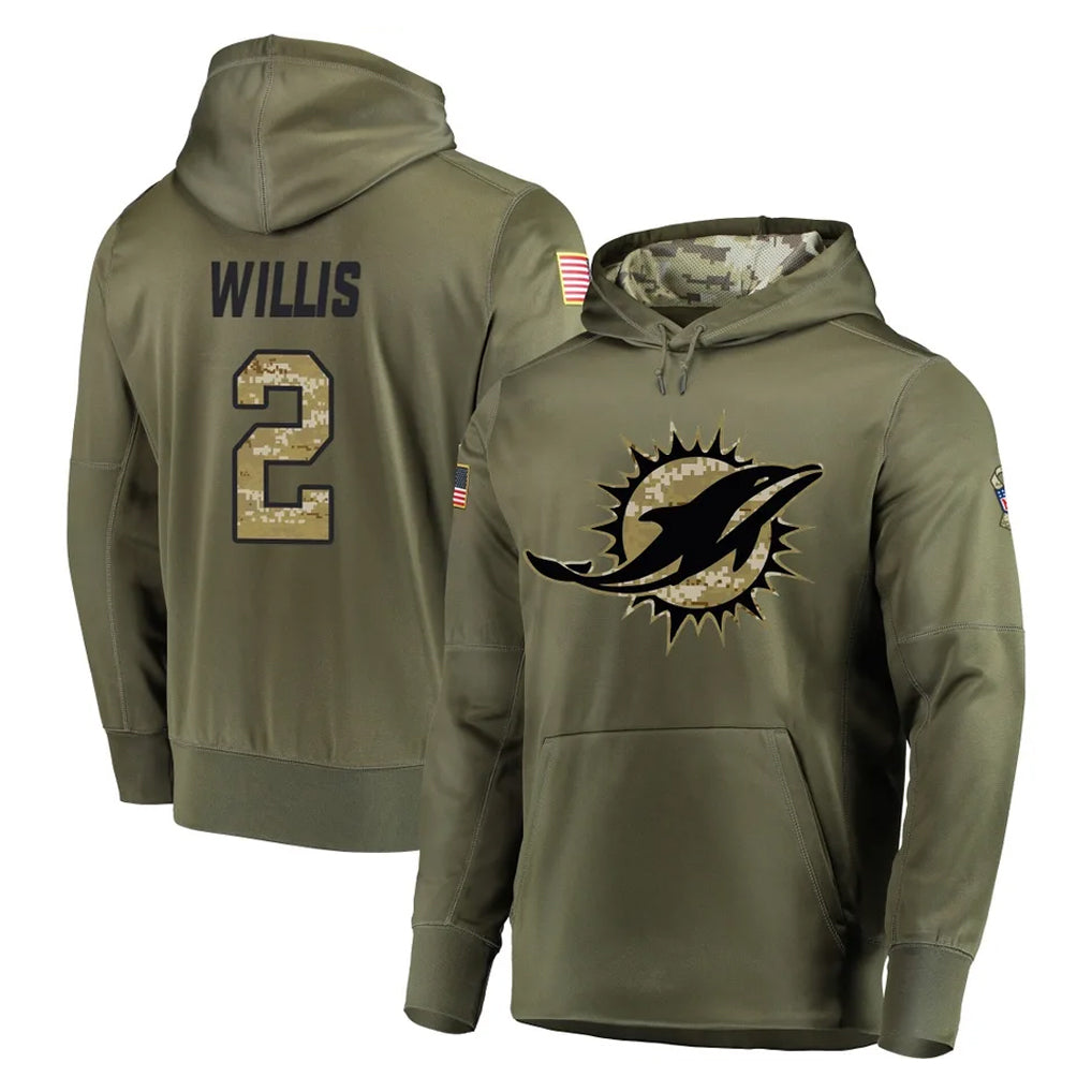 Kieara M.Dolphins #2 Malik Willis Player Olive Salute to Service Pullover Hoodies Home Game Stitched Jerseys