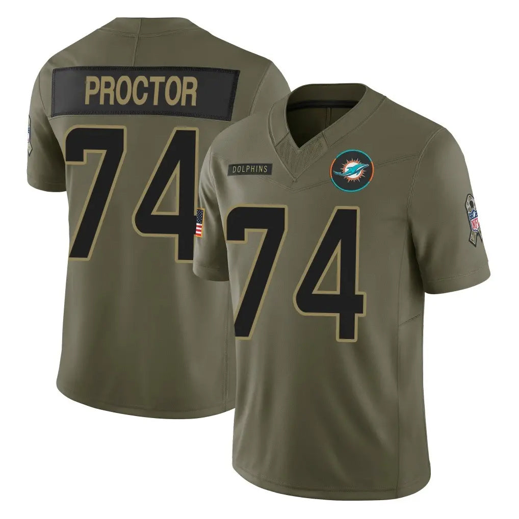 Kieara M.Dolphins #74 Kadyn Proctor Player Olive 2025 Salute To Service Limited Game Stitched Jerseys