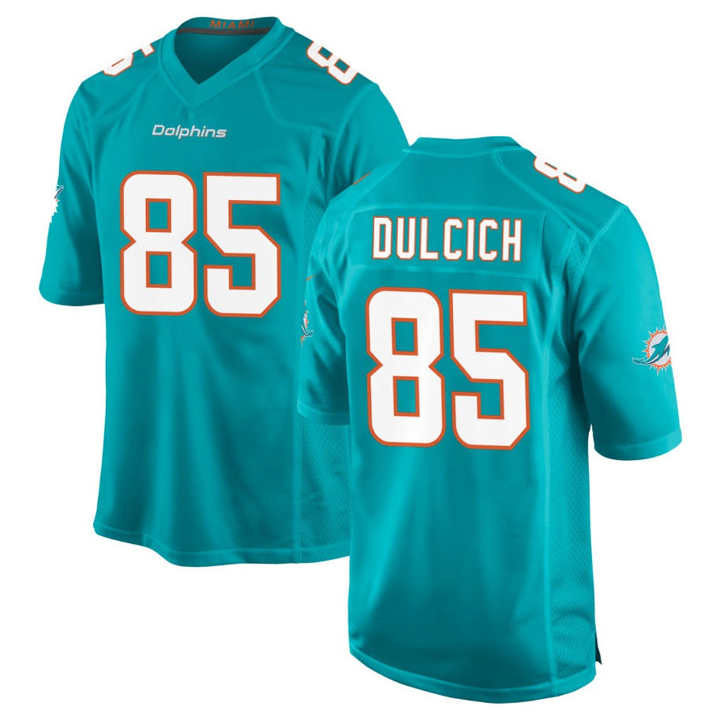Kieara M.Dolphins #85 Greg Dulcich Player Aqua Home Game Stitched Jerseys