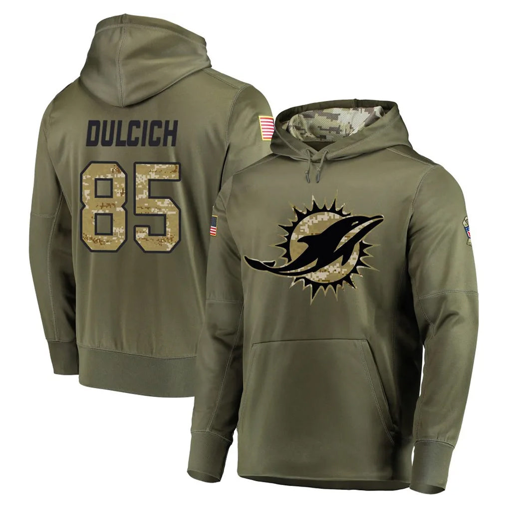 Kieara M.Dolphins #85 Greg Dulcich Player Olive Salute to Service Pullover Hoodies Home Game Stitched Jerseys