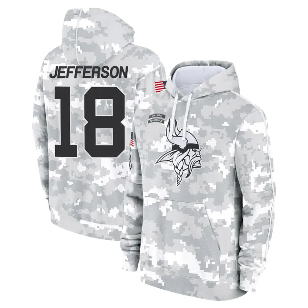 Kieara MN.Vikings #18 Justin Jefferson Player Arctic Camo Salute to Service Pullover Hoodies Limited Game Stitched Jerseys
