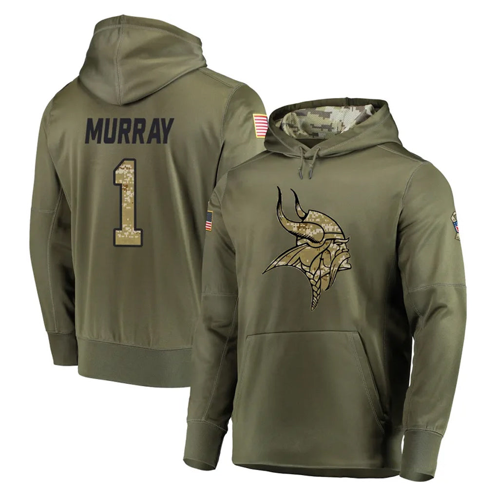 Kieara MN.Vikings #1 Kyler Murray Player Olive Salute to Service Pullover Hoodies Home Game Stitched Jerseys