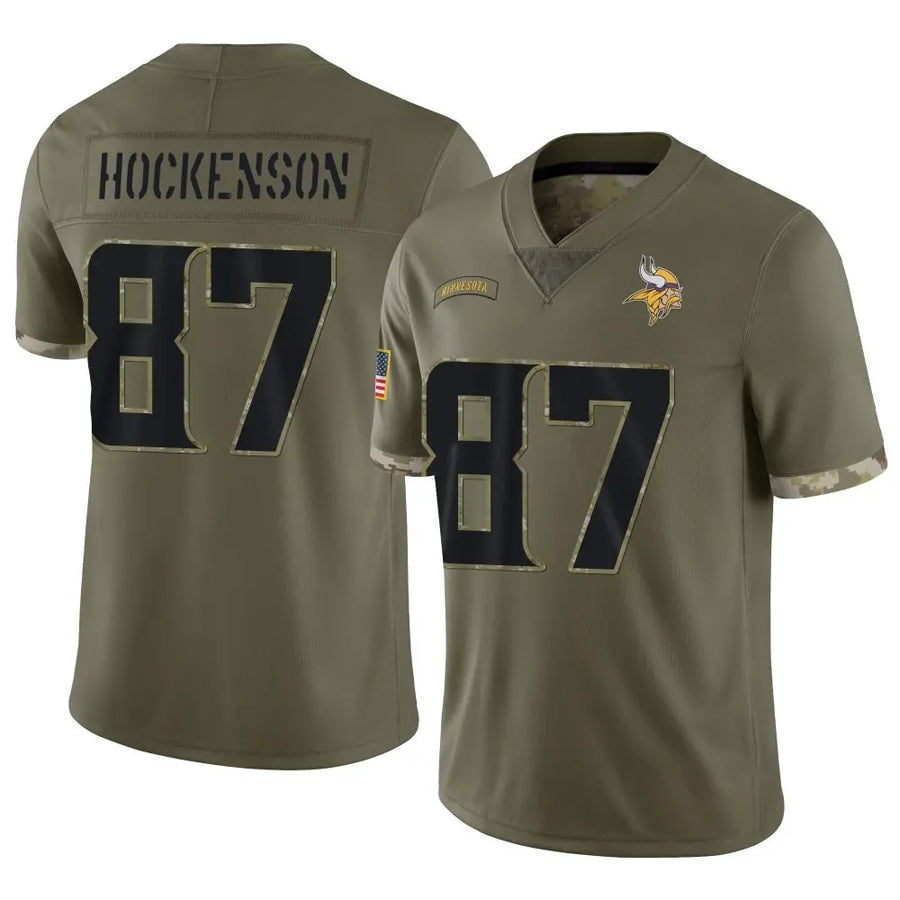 Kieara MN.Vikings #87 T.J. Hockenson Player Salute To Service Limited Olive Stitched Jerseys