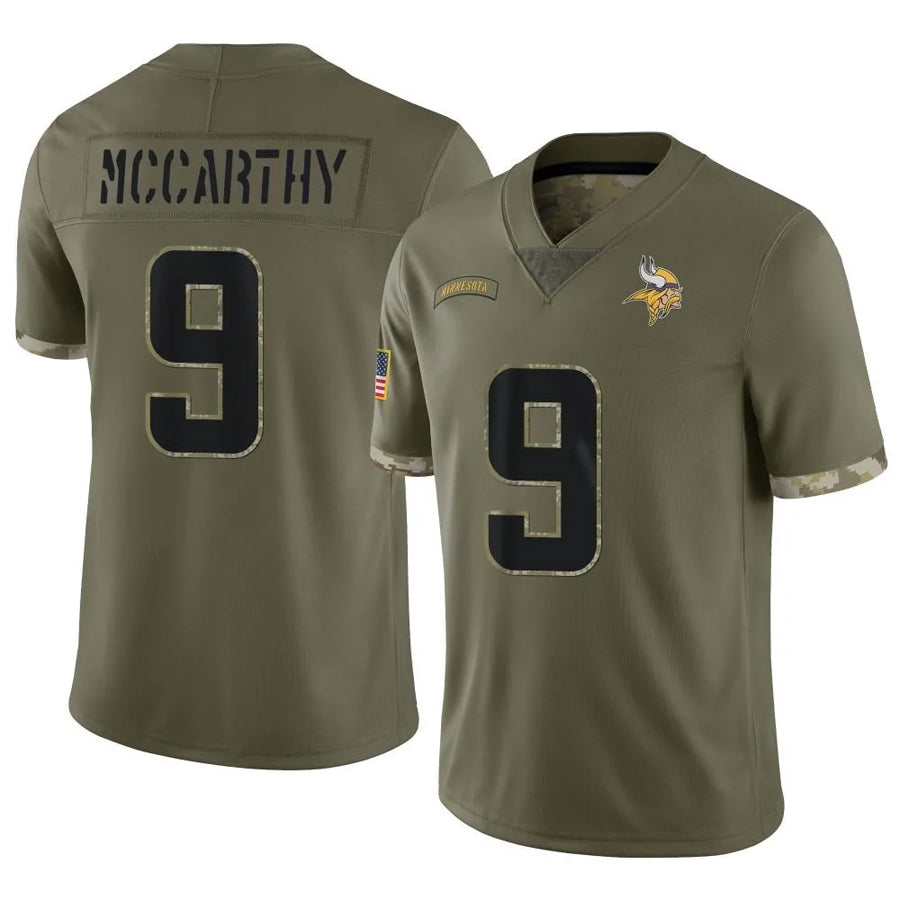 Kieara MN.Vikings #9 J.J. McCarthy Player Salute To Service Limited Olive Stitched Jerseys
