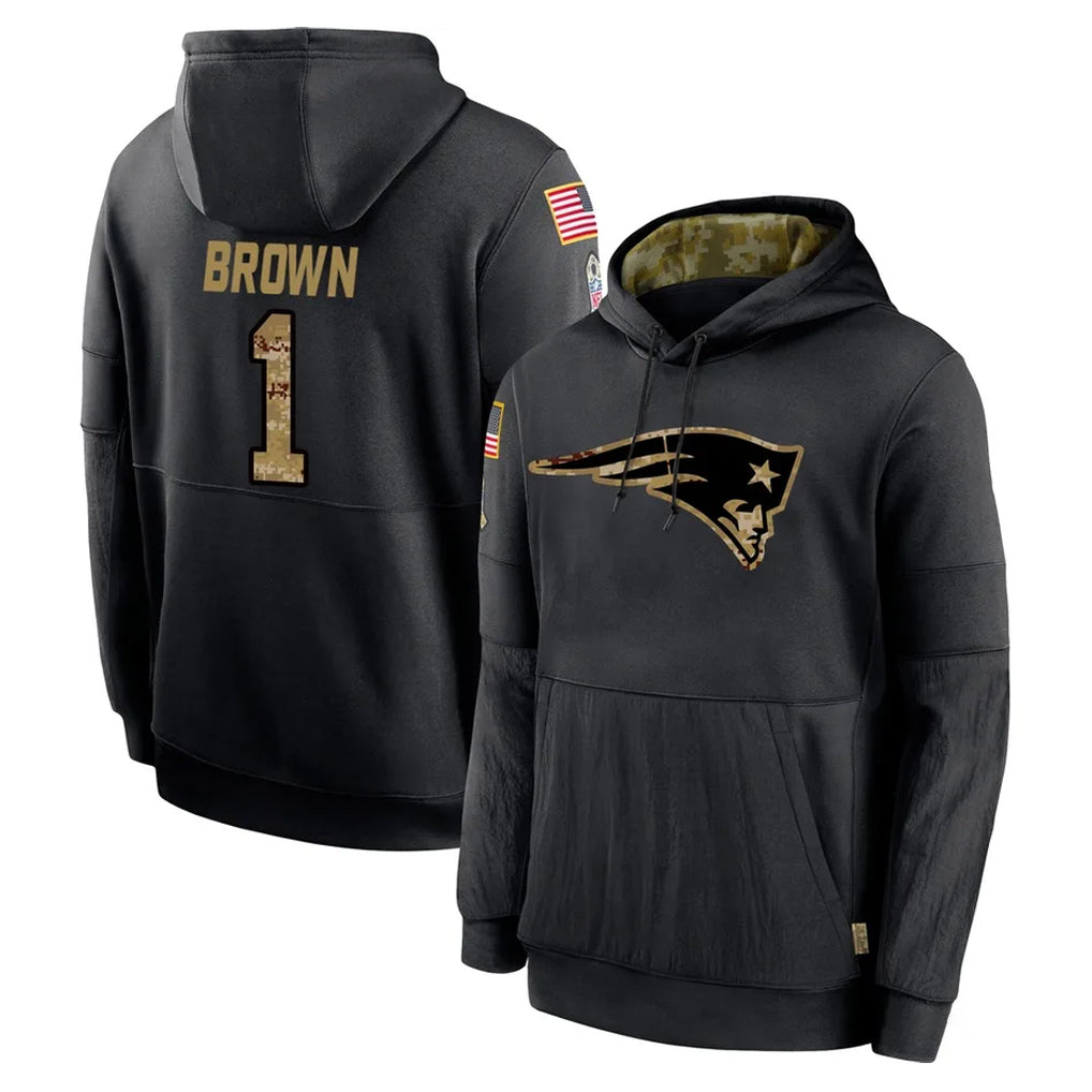 Kieara NE.Patriots #1 A.J. Brown Player Black Salute to Service Hoodies Limited Game Stitched Jerseys