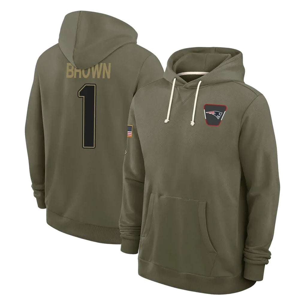 Kieara NE.Patriots #1 A.J. Brown Player Olive Salute to Service Pullover Hoodies Limited Stitched Jerseys