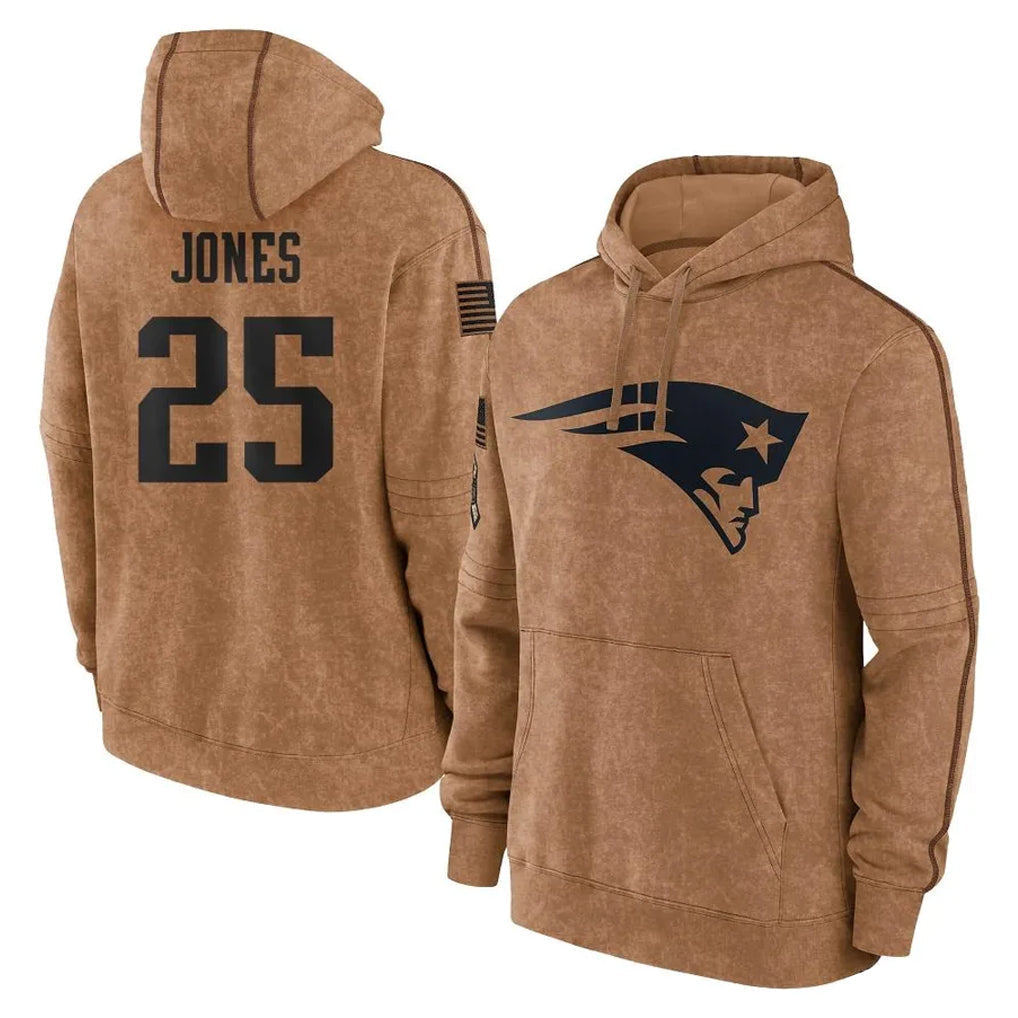 Kieara NE.Patriots #25 Marcus Jones Player Brown Salute to Service Pullover Hoodies Limited Game Stitched Jerseys