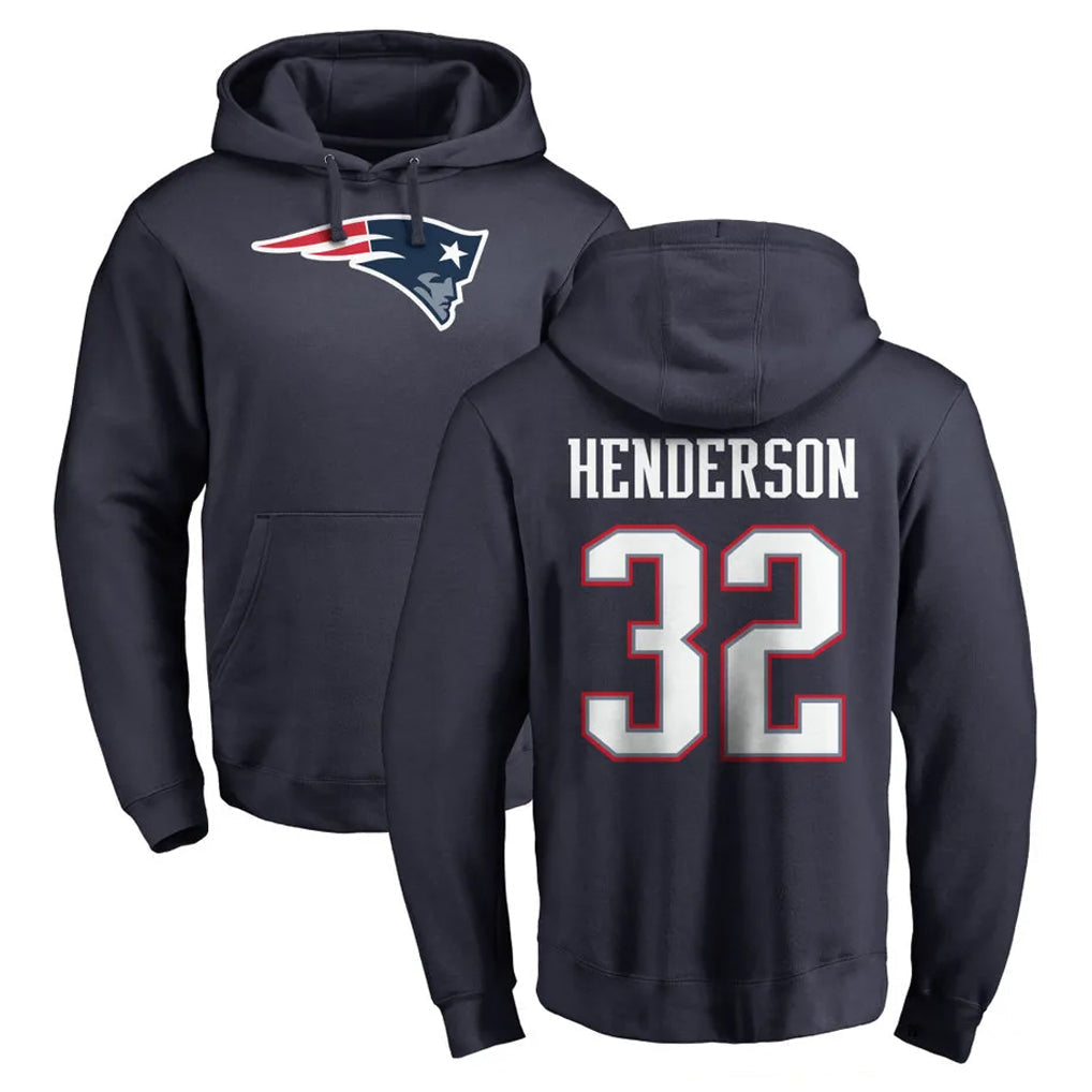 Kieara NE.Patriots #32 TreVeyon Henderson Player Navy LOGO Pullover Hoodies Home Game Stitched Jerseys