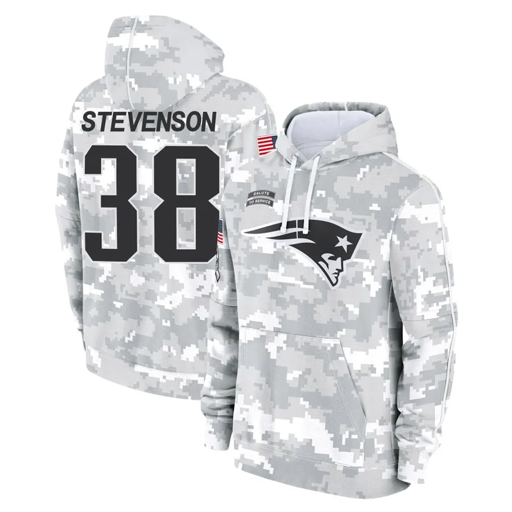 Kieara NE.Patriots #38 Rhamondre Stevenson Player Arctic Camo Salute to Service Pullover Hoodies Limited Game Stitched Jerseys