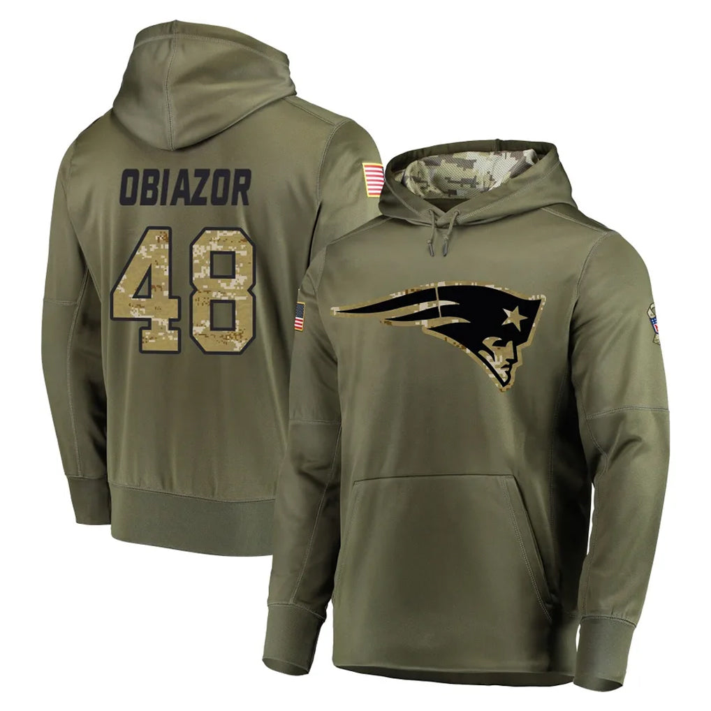 Kieara NE.Patriots #48 Namdi Obiazor Player Olive Salute to Service Pullover Hoodies Home Game Stitched Jerseys