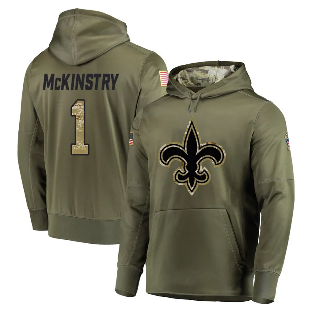 Kieara NO.Saints #1 Kool-Aid McKinstry Player Olive Salute to Service Pullover Hoodies Home Game Stitched Jerseys